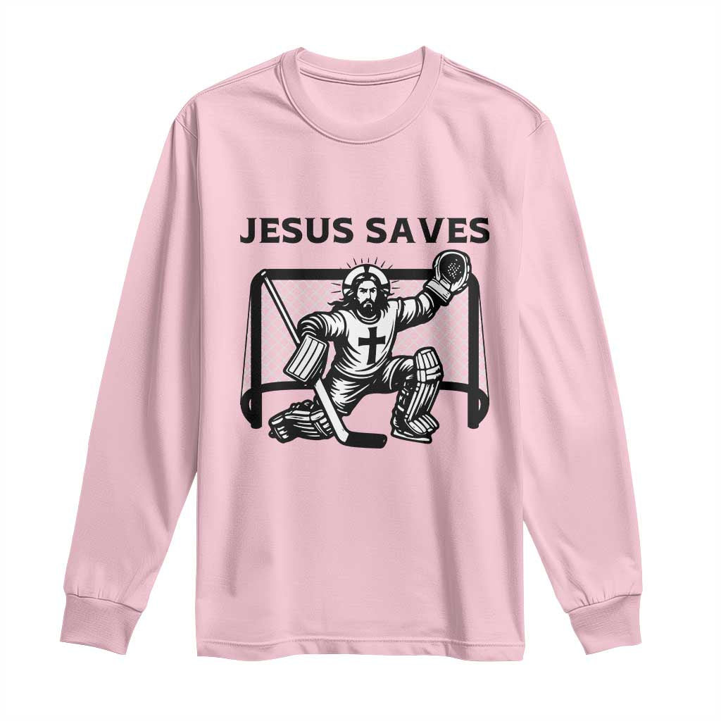 Funny Religious Ice Hockey Goalie Gift Long Sleeve Shirt Jesus Saves - Wonder Print Shop