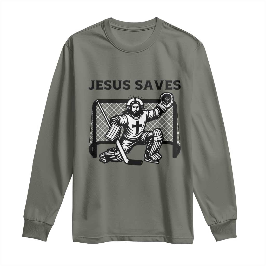 Funny Religious Ice Hockey Goalie Gift Long Sleeve Shirt Jesus Saves - Wonder Print Shop
