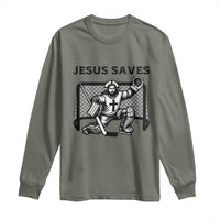 Funny Religious Ice Hockey Goalie Gift Long Sleeve Shirt Jesus Saves - Wonder Print Shop
