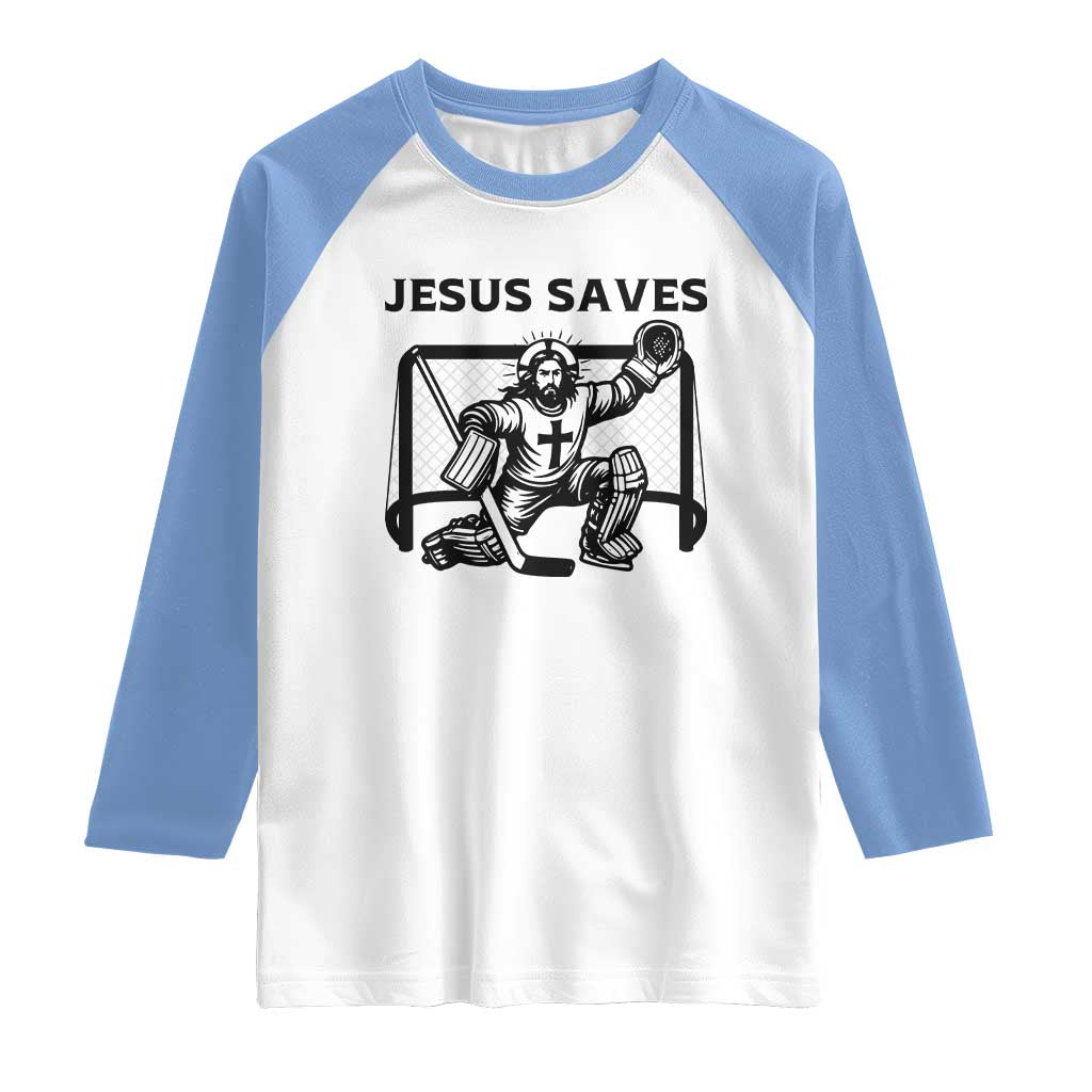 Funny Religious Ice Hockey Goalie Gift Raglan Shirt Jesus Saves - Wonder Print Shop