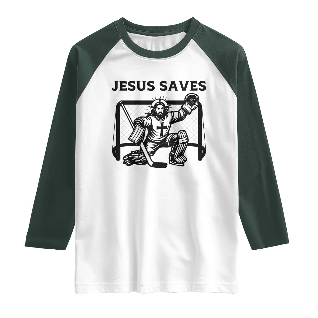 Funny Religious Ice Hockey Goalie Gift Raglan Shirt Jesus Saves - Wonder Print Shop