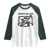 Funny Religious Ice Hockey Goalie Gift Raglan Shirt Jesus Saves - Wonder Print Shop