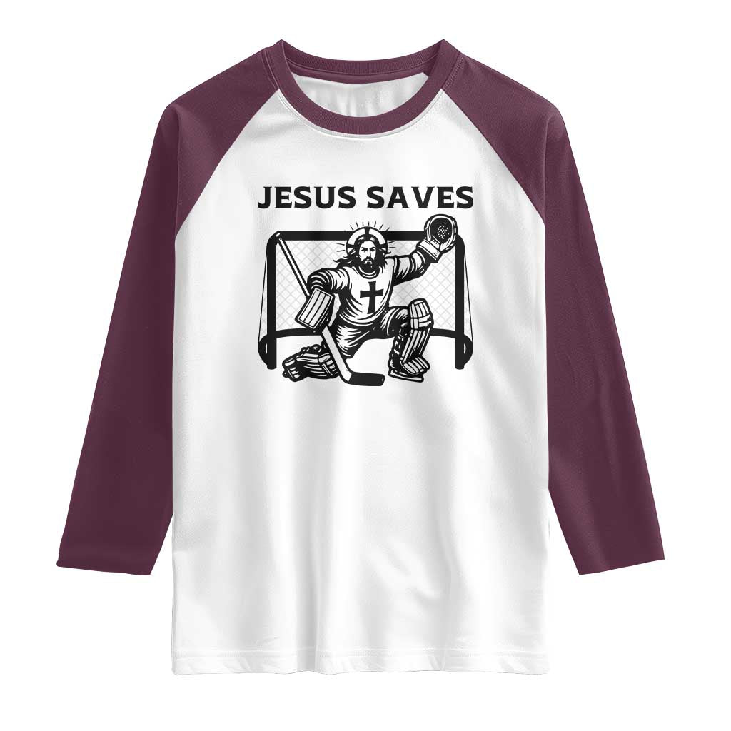 Funny Religious Ice Hockey Goalie Gift Raglan Shirt Jesus Saves - Wonder Print Shop