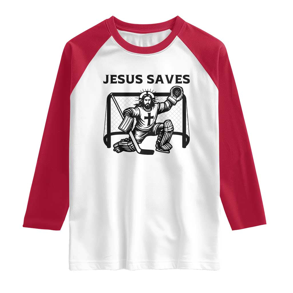 Funny Religious Ice Hockey Goalie Gift Raglan Shirt Jesus Saves - Wonder Print Shop