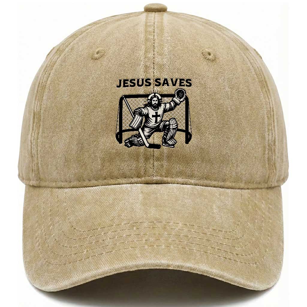 Funny Religious Ice Hockey Goalie Gift Washed Cotton Baseball Cap Jesus Saves