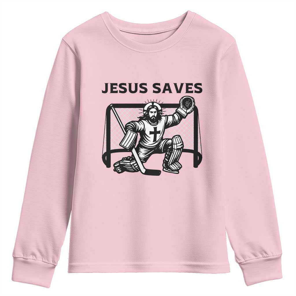 Funny Religious Ice Hockey Goalie Gift Youth Sweatshirt Jesus Saves - Wonder Print Shop