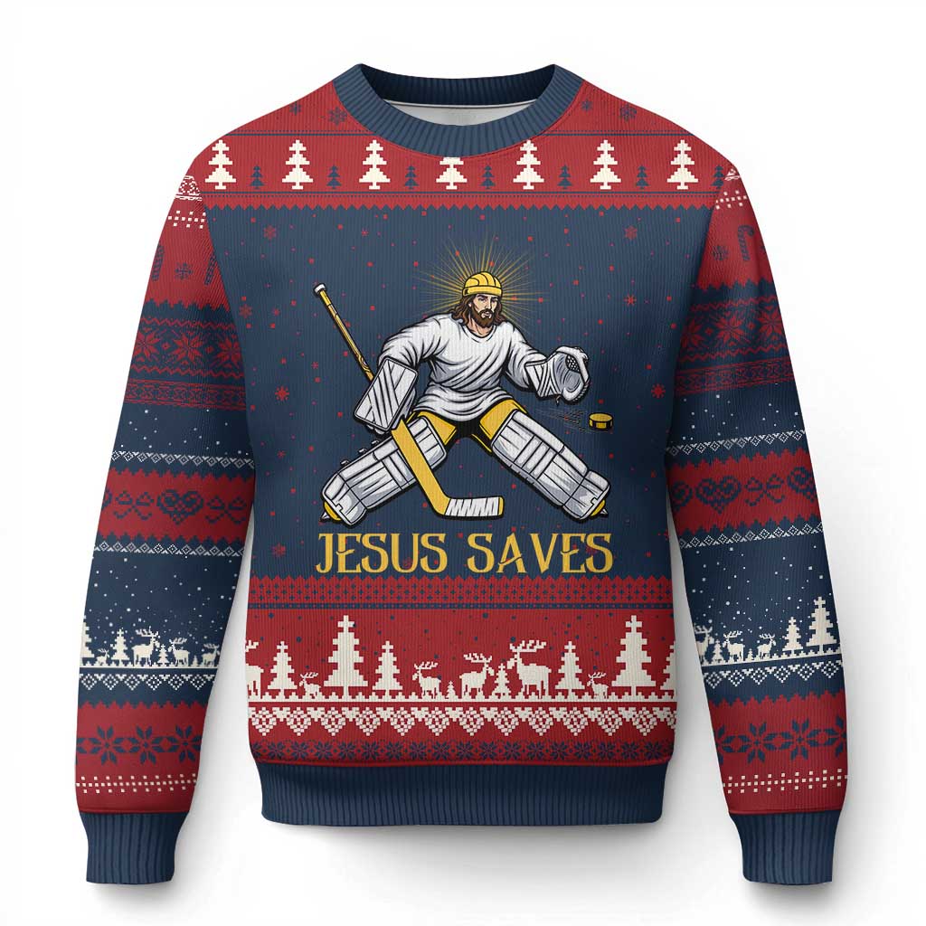 Jesus Saves Ugly Christmas Sweater Funny Christian Ice Hockey Goalie Gift - Wonder Print Shop