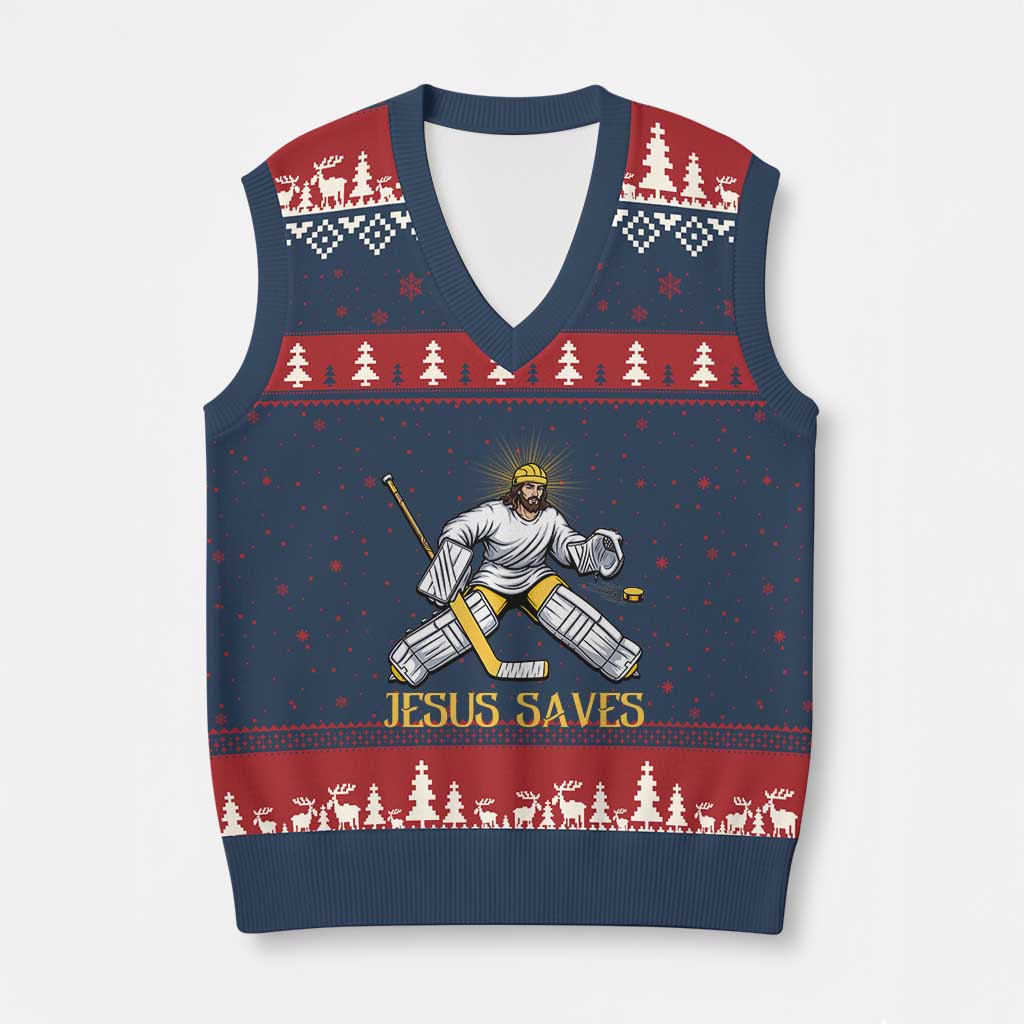 Jesus Saves V-Neck Knit Sweater Vest Funny Christian Ice Hockey Goalie Gift - Wonder Print Shop