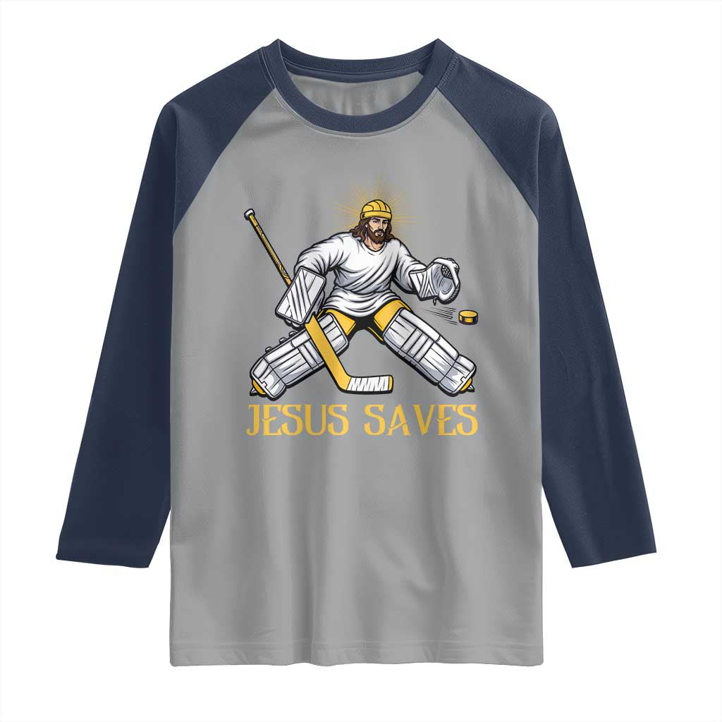 Jesus Saves Raglan Shirt Funny Christian Ice Hockey Goalie Gift - Wonder Print Shop