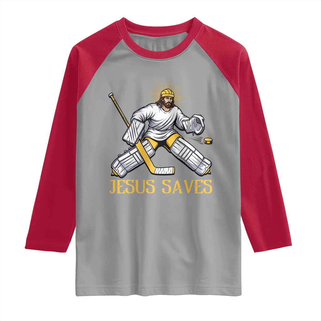 Jesus Saves Raglan Shirt Funny Christian Ice Hockey Goalie Gift - Wonder Print Shop