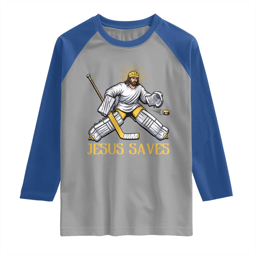 Jesus Saves Raglan Shirt Funny Christian Ice Hockey Goalie Gift - Wonder Print Shop