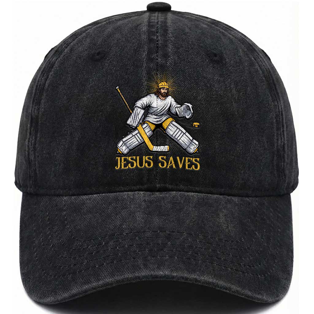 Jesus Saves Washed Cotton Baseball Cap Funny Christian Ice Hockey Goalie Gift