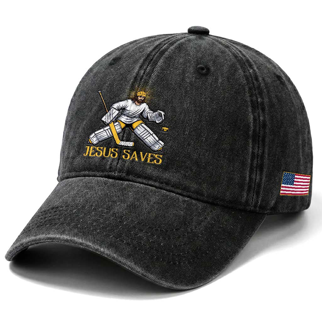 Jesus Saves Washed Cotton Baseball Cap Funny Christian Ice Hockey Goalie Gift