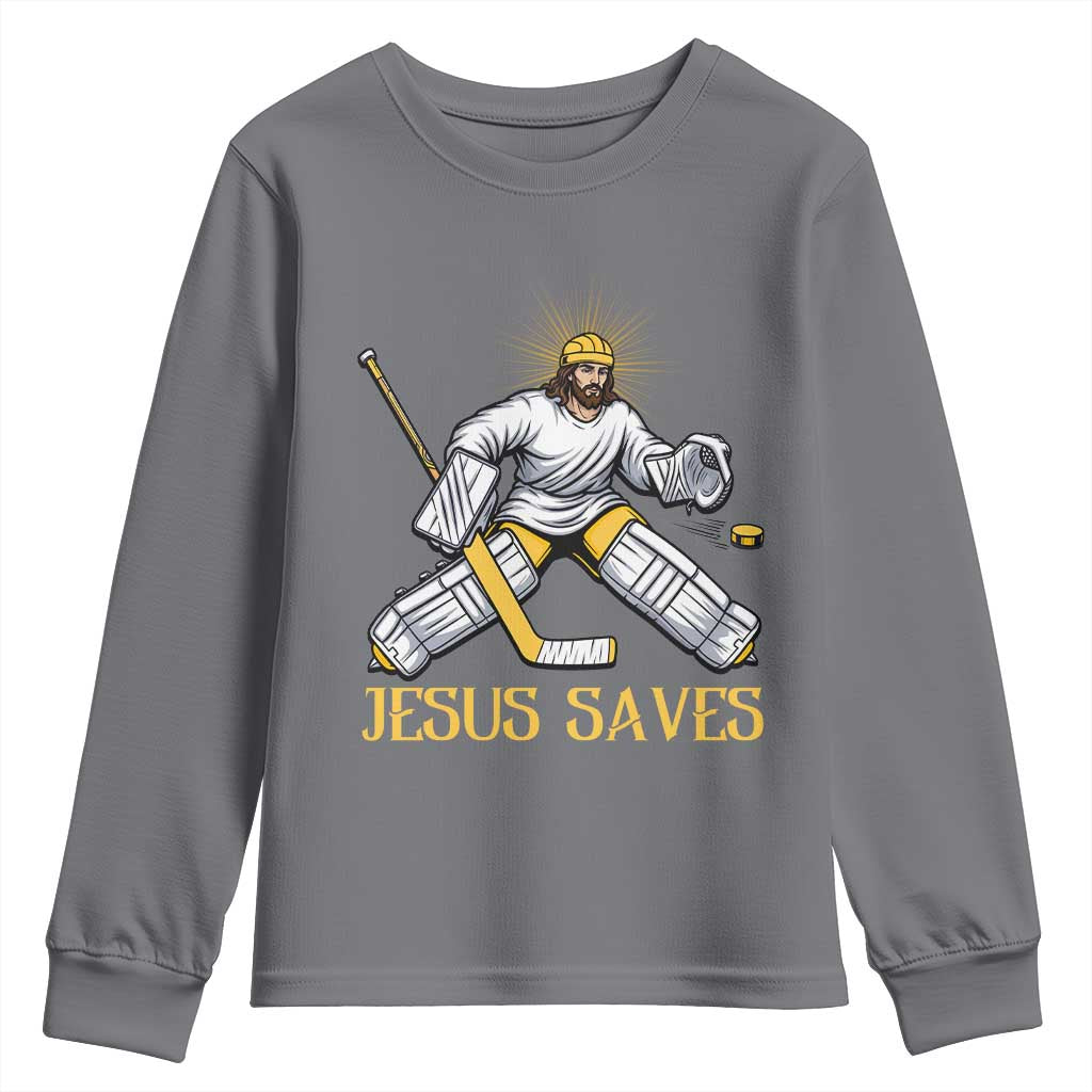 Jesus Saves Youth Sweatshirt Funny Christian Ice Hockey Goalie Gift - Wonder Print Shop