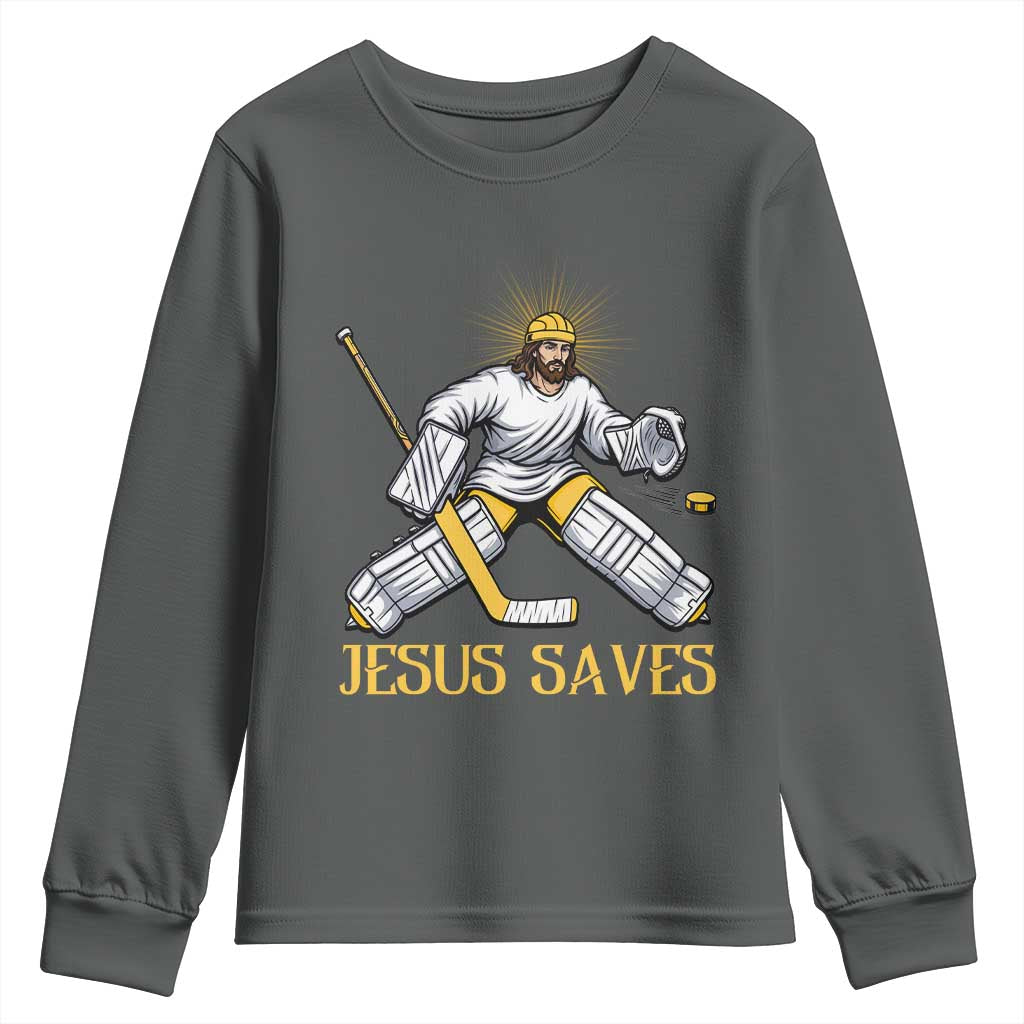 Jesus Saves Youth Sweatshirt Funny Christian Ice Hockey Goalie Gift - Wonder Print Shop