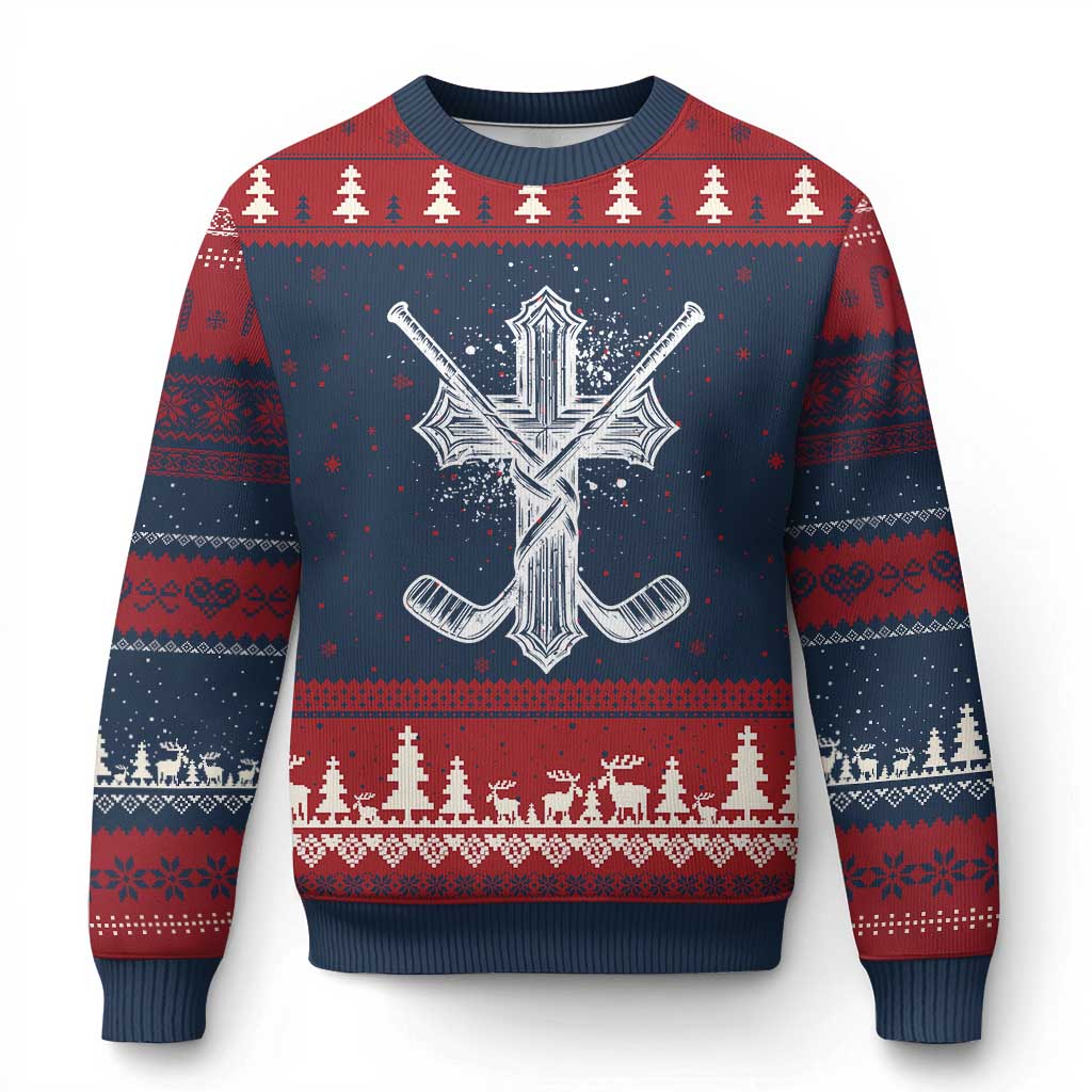 Faith Family Hockey Cross Ugly Christmas Sweater Religious Ice Hockey Lover Gift - Wonder Print Shop