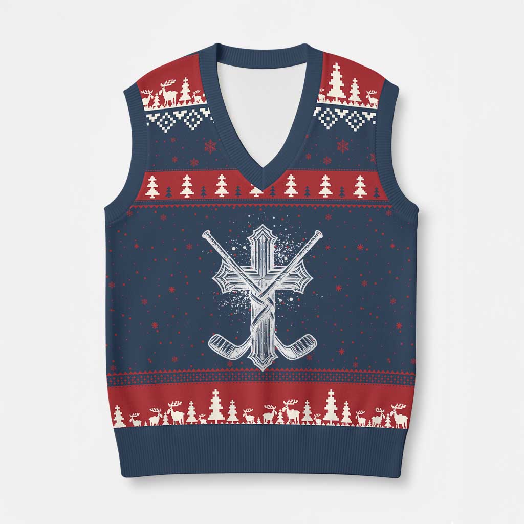 Faith Family Hockey Cross V-Neck Knit Sweater Vest Religious Ice Hockey Lover Gift - Wonder Print Shop