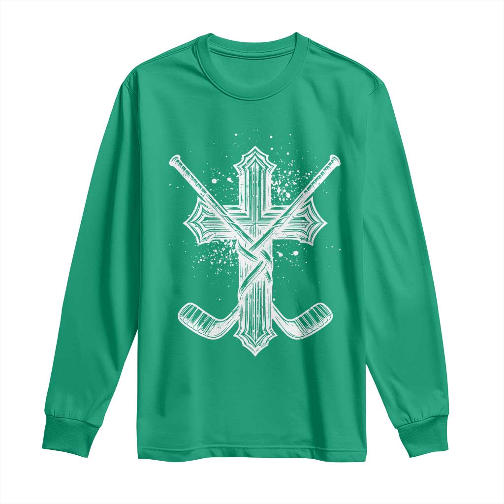 Faith Family Hockey Cross Long Sleeve Shirt Religious Ice Hockey Lover Gift - Wonder Print Shop