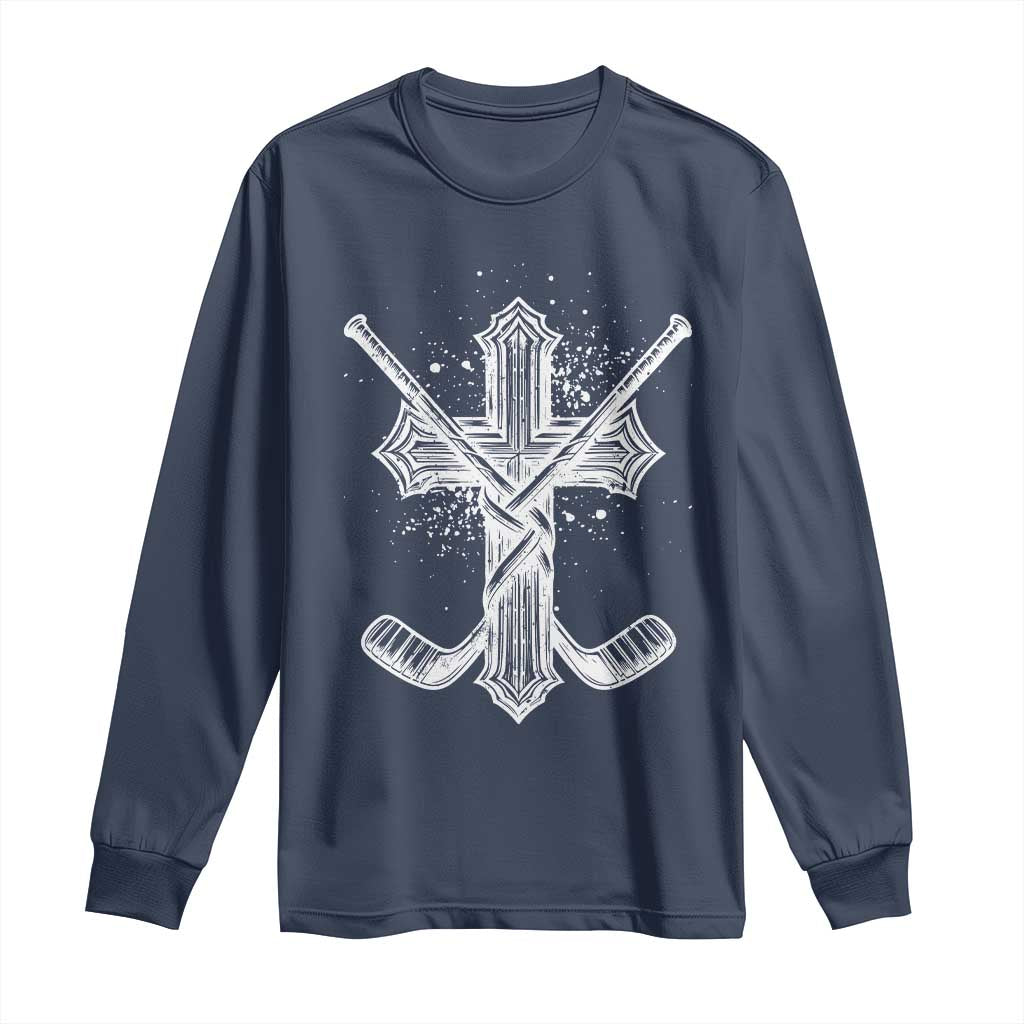 Faith Family Hockey Cross Long Sleeve Shirt Religious Ice Hockey Lover Gift - Wonder Print Shop