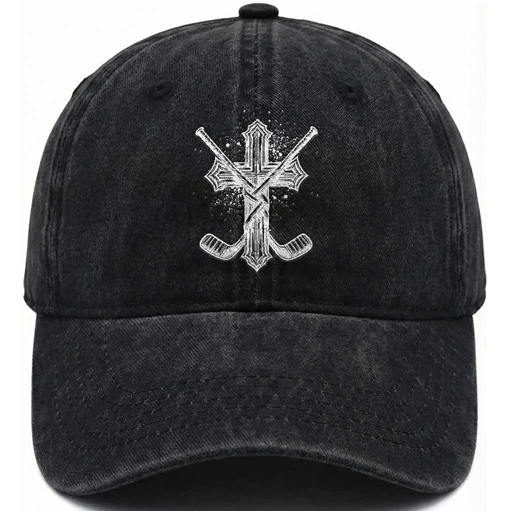 Faith Family Hockey Cross Washed Cotton Baseball Cap Religious Ice Hockey Lover Gift