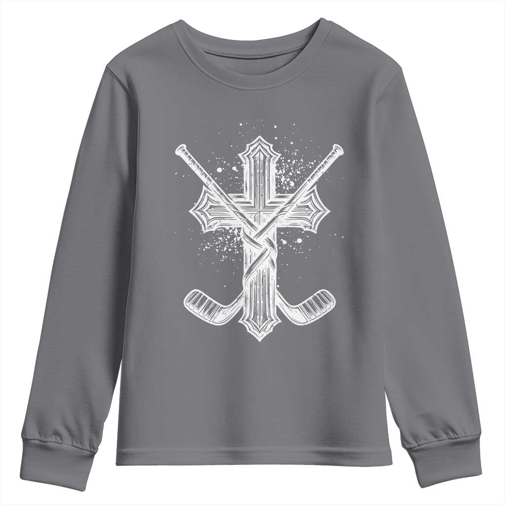 Faith Family Hockey Cross Youth Sweatshirt Religious Ice Hockey Lover Gift - Wonder Print Shop