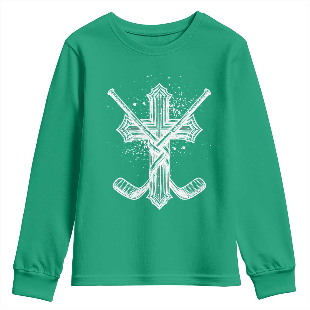 Faith Family Hockey Cross Youth Sweatshirt Religious Ice Hockey Lover Gift - Wonder Print Shop