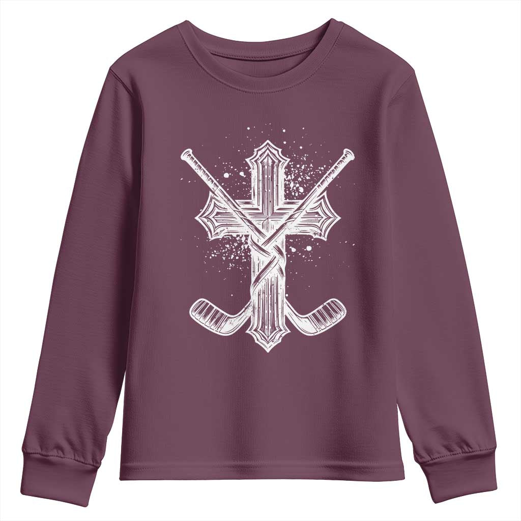 Faith Family Hockey Cross Youth Sweatshirt Religious Ice Hockey Lover Gift - Wonder Print Shop
