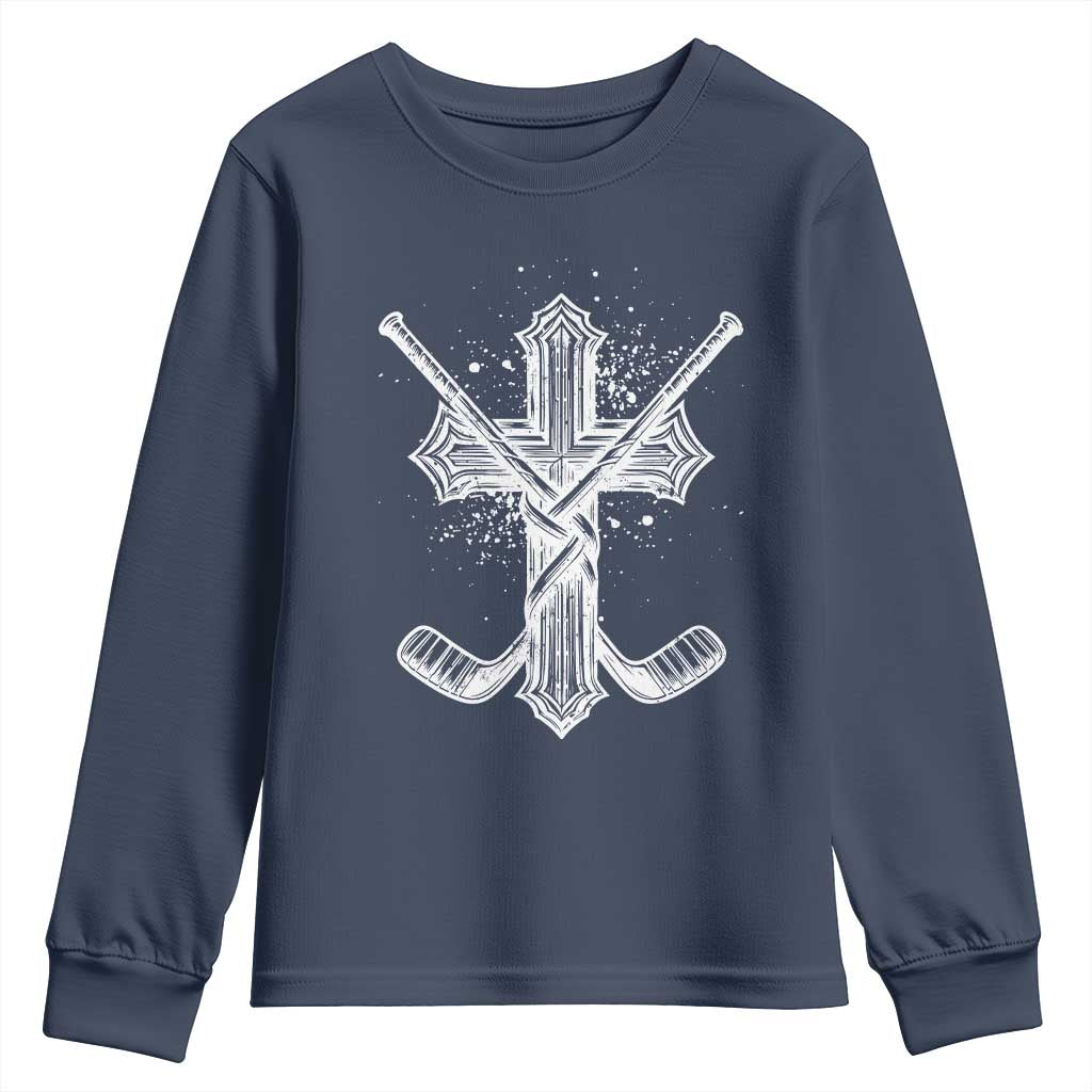Faith Family Hockey Cross Youth Sweatshirt Religious Ice Hockey Lover Gift - Wonder Print Shop