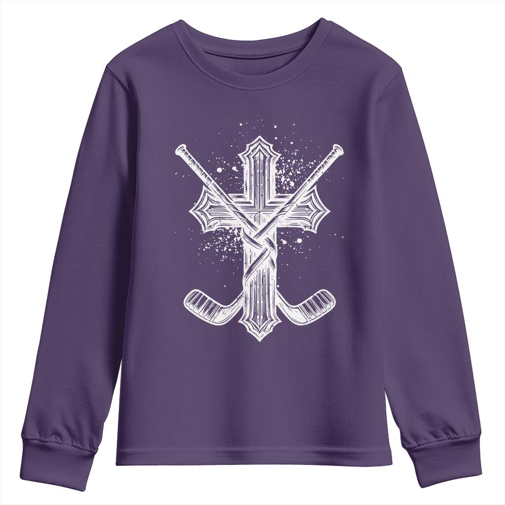 Faith Family Hockey Cross Youth Sweatshirt Religious Ice Hockey Lover Gift - Wonder Print Shop