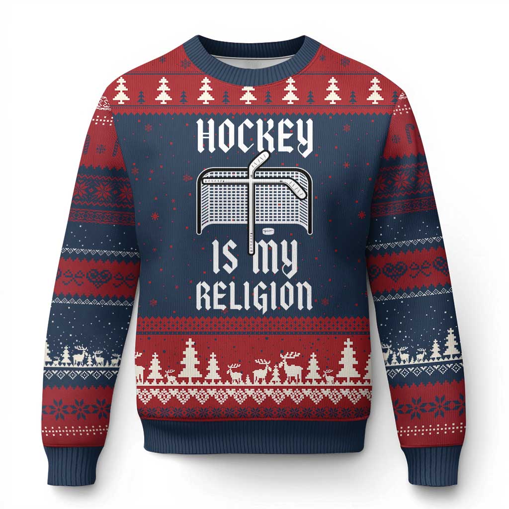 Hockey Is My Religion Ugly Christmas Sweater Funny Christian Goalie Gift - Wonder Print Shop
