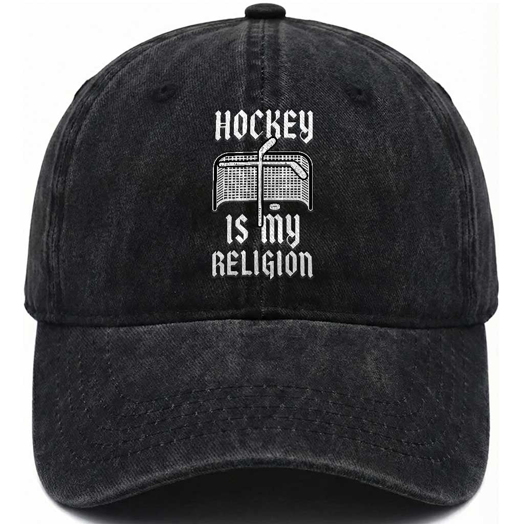 Hockey Is My Religion Washed Cotton Baseball Cap Funny Christian Goalie Gift