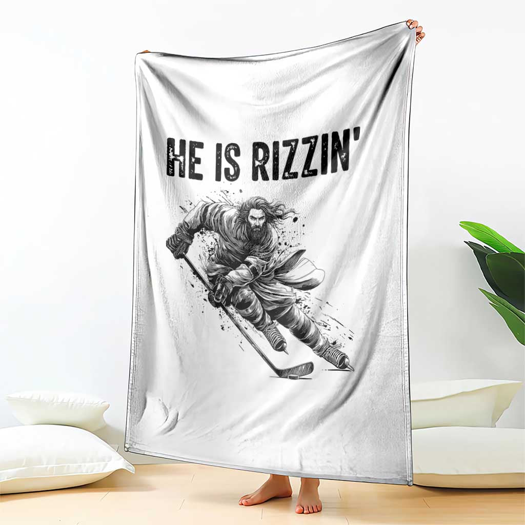 Funny Christian Ice Hockey Lover Gift Throw Blanket He Is Rizzin - Wonder Print Shop