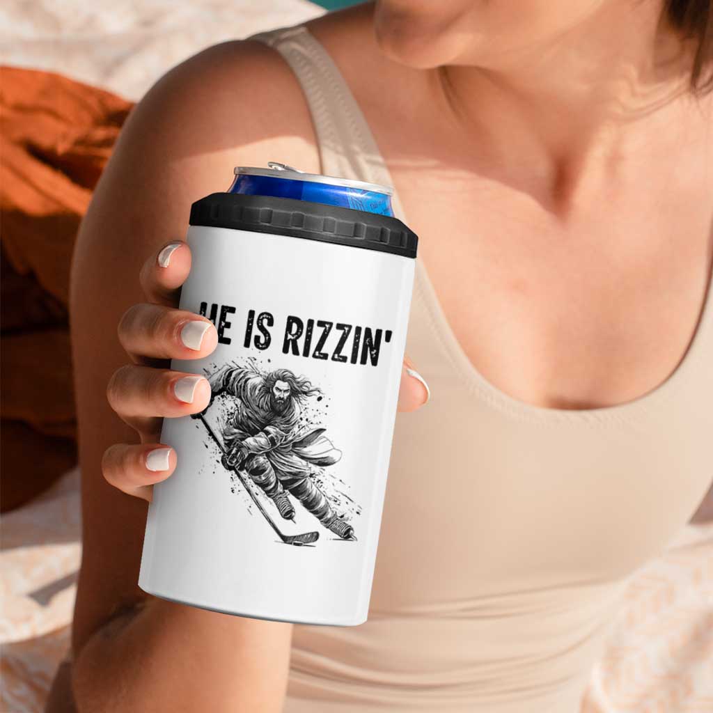 Funny Christian Ice Hockey Lover Gift 4 in 1 Can Cooler Tumbler He Is Rizzin - Wonder Print Shop
