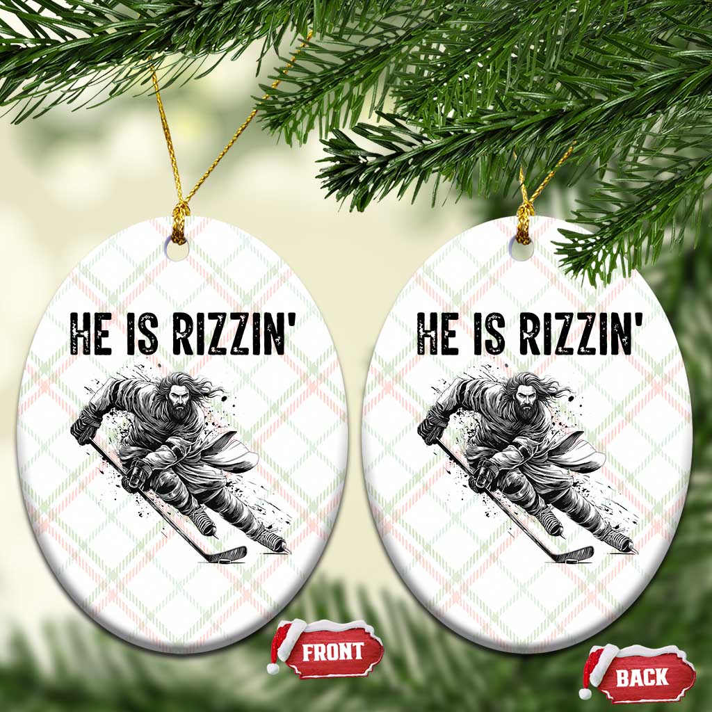 Funny Christian Ice Hockey Lover Gift Ceramic Ornament He Is Rizzin - Wonder Print Shop