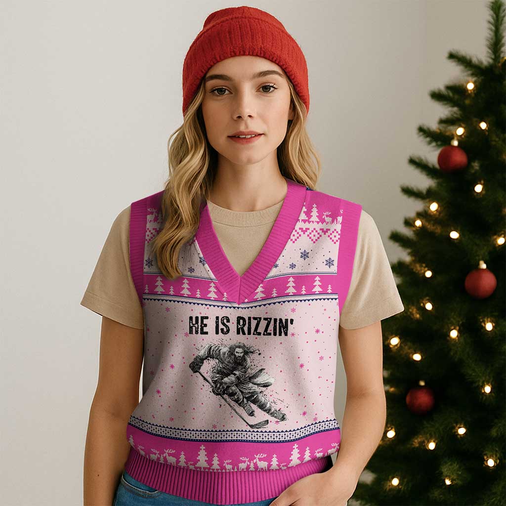 Funny Christian Ice Hockey Lover Gift V-Neck Knit Sweater Vest He Is Rizzin - Wonder Print Shop