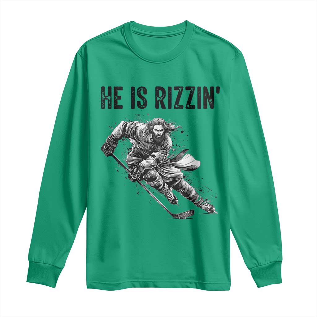 Funny Christian Ice Hockey Lover Gift Long Sleeve Shirt He Is Rizzin - Wonder Print Shop