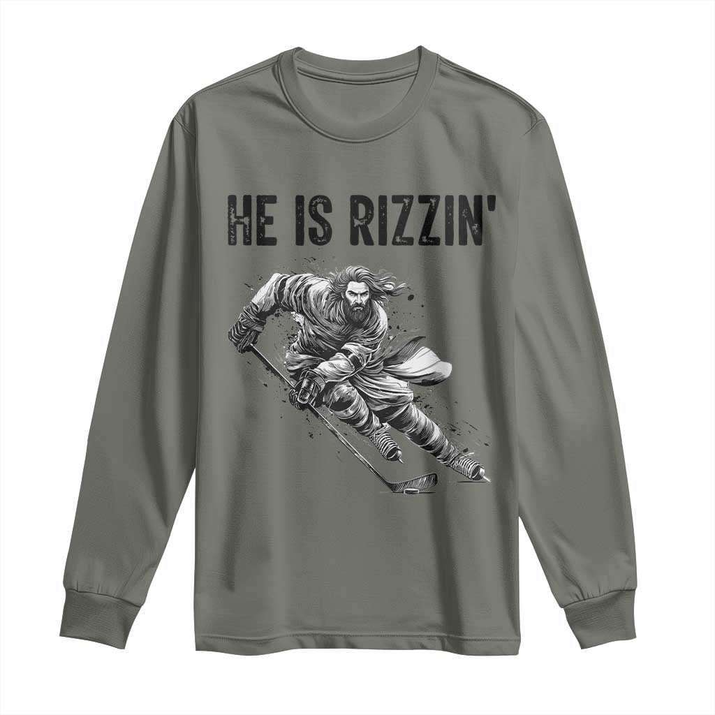Funny Christian Ice Hockey Lover Gift Long Sleeve Shirt He Is Rizzin - Wonder Print Shop