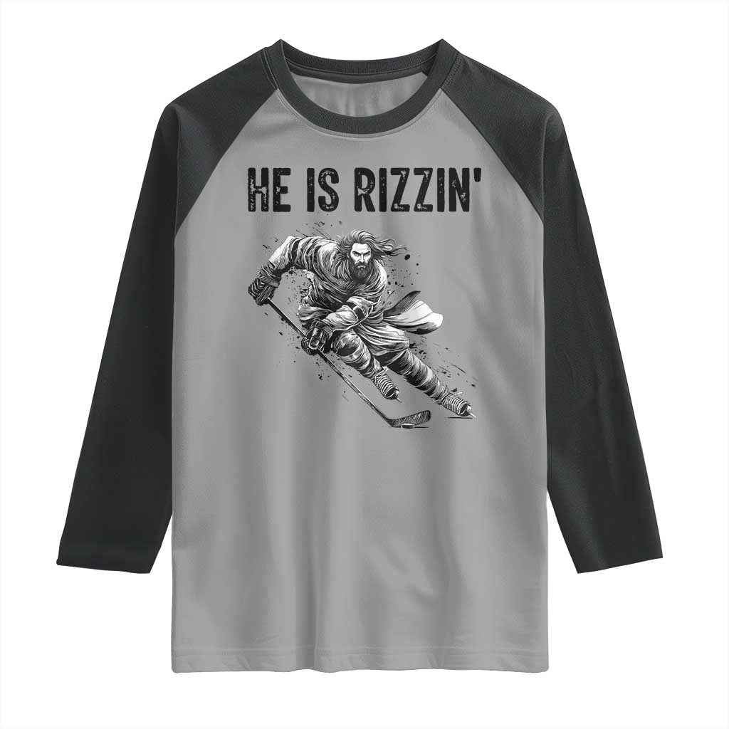 Funny Christian Ice Hockey Lover Gift Raglan Shirt He Is Rizzin - Wonder Print Shop