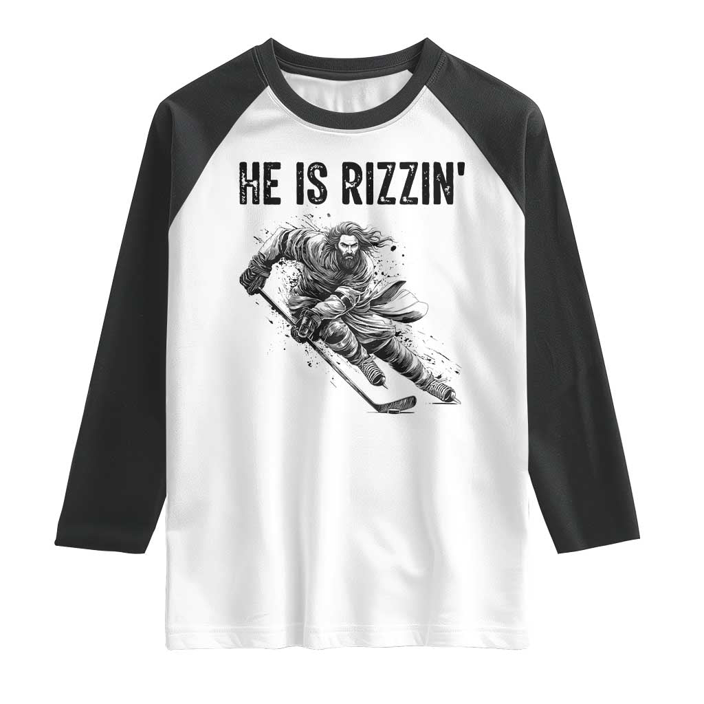 Funny Christian Ice Hockey Lover Gift Raglan Shirt He Is Rizzin - Wonder Print Shop