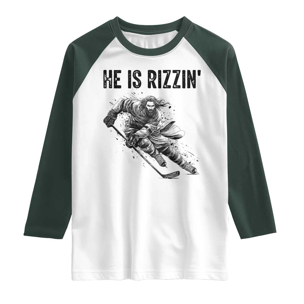 Funny Christian Ice Hockey Lover Gift Raglan Shirt He Is Rizzin - Wonder Print Shop