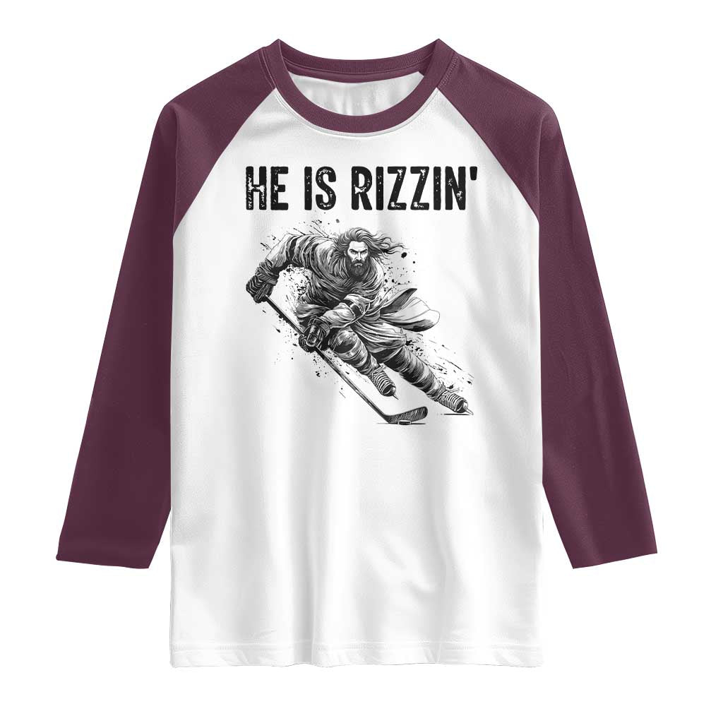 Funny Christian Ice Hockey Lover Gift Raglan Shirt He Is Rizzin - Wonder Print Shop