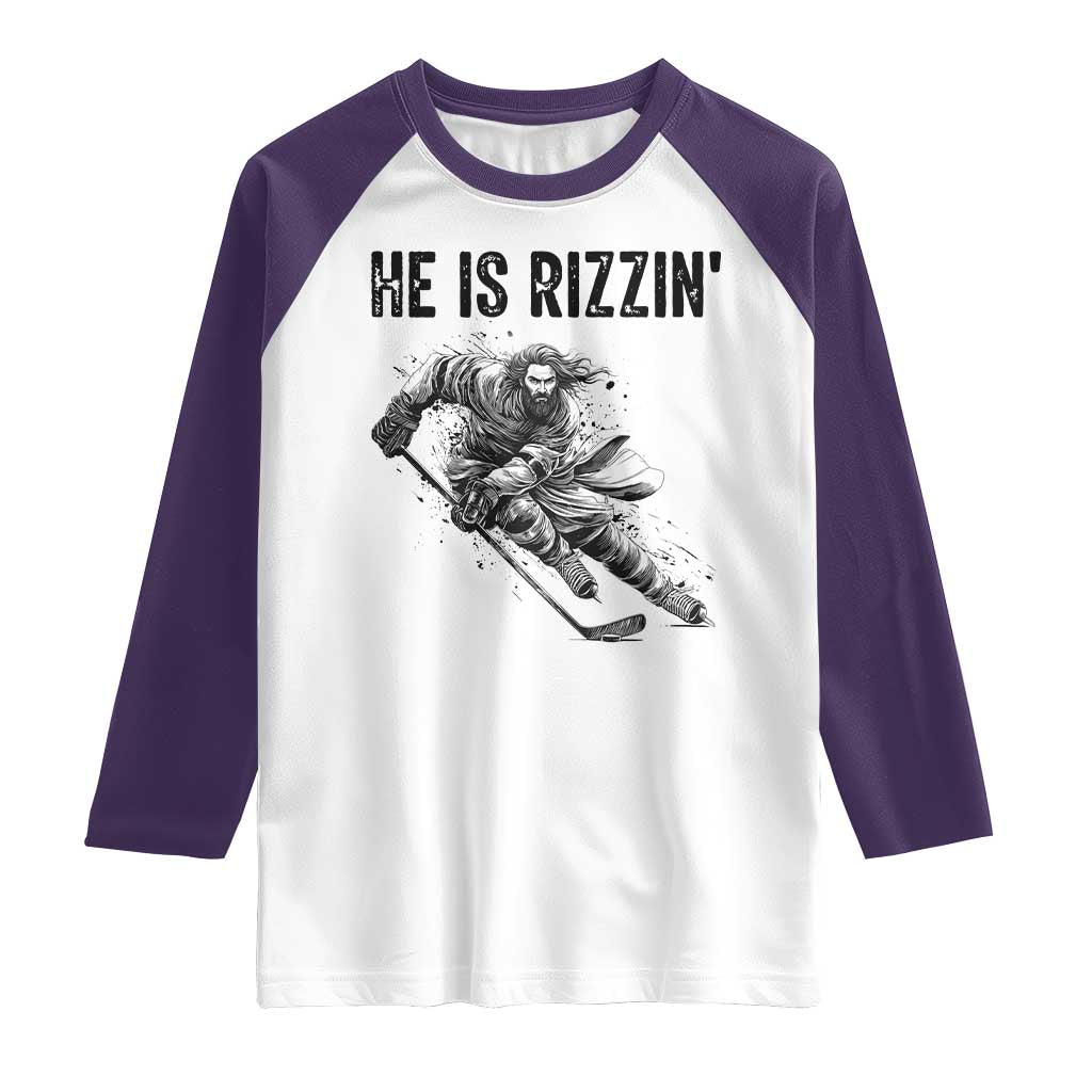 Funny Christian Ice Hockey Lover Gift Raglan Shirt He Is Rizzin - Wonder Print Shop
