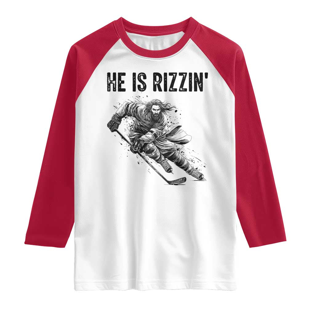 Funny Christian Ice Hockey Lover Gift Raglan Shirt He Is Rizzin - Wonder Print Shop