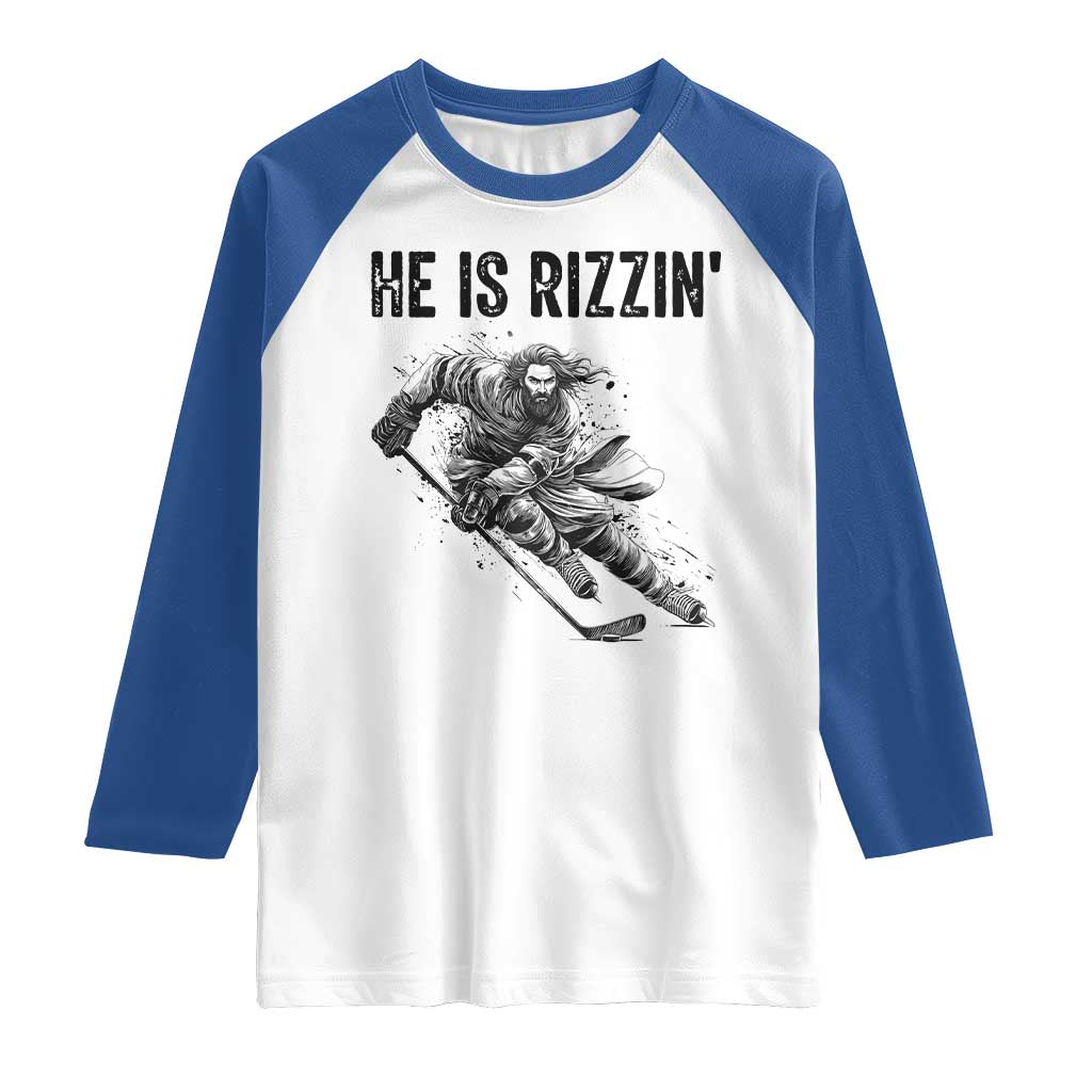 Funny Christian Ice Hockey Lover Gift Raglan Shirt He Is Rizzin - Wonder Print Shop