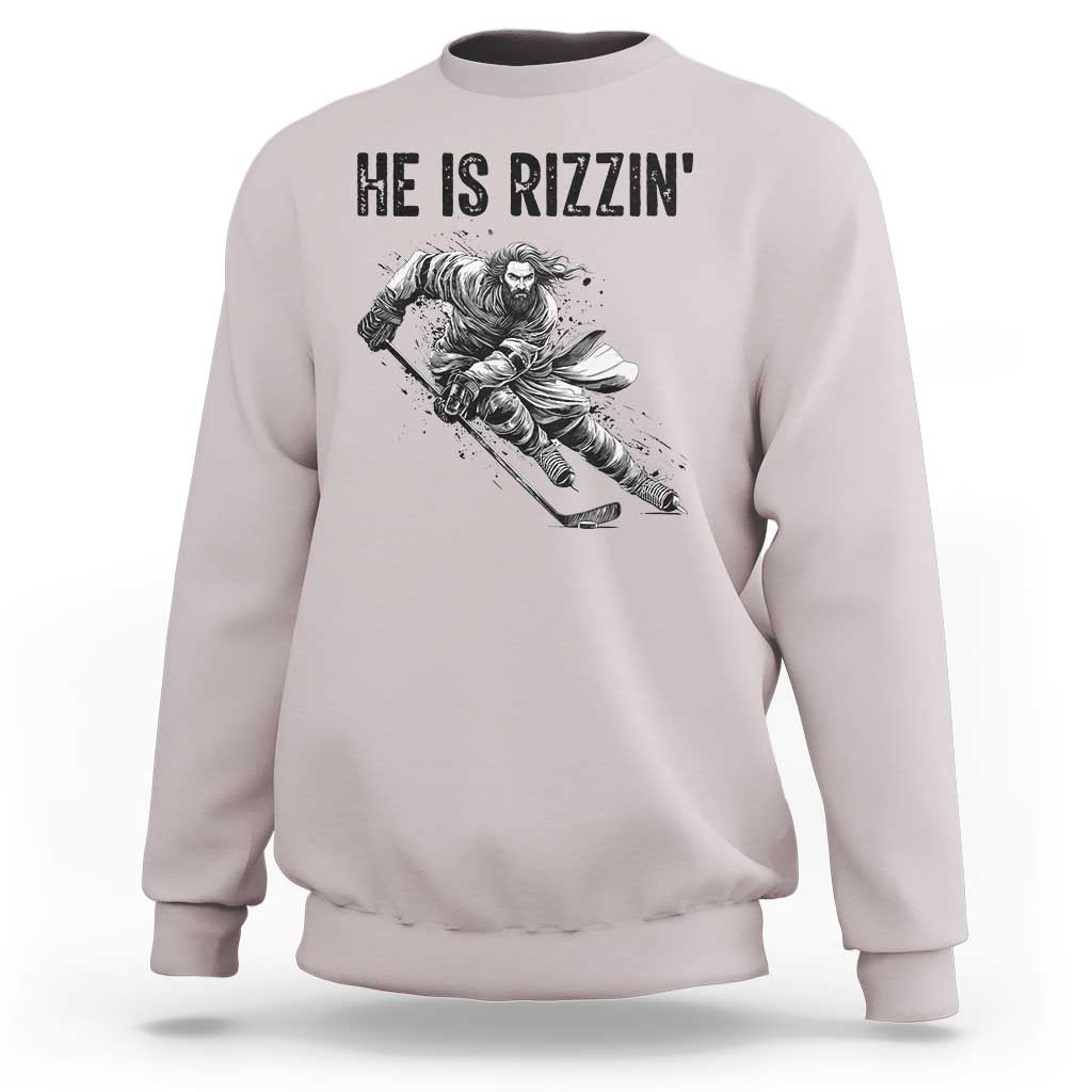 Funny Christian Ice Hockey Lover Gift Sweatshirt He Is Rizzin - Wonder Print Shop