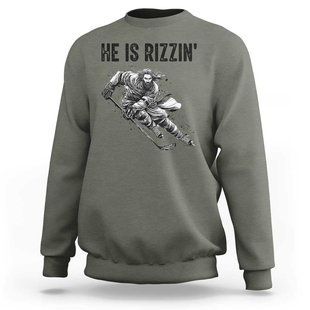 Funny Christian Ice Hockey Lover Gift Sweatshirt He Is Rizzin - Wonder Print Shop