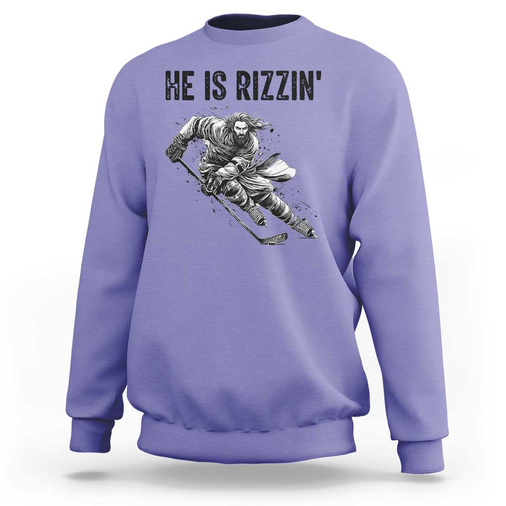 Funny Christian Ice Hockey Lover Gift Sweatshirt He Is Rizzin - Wonder Print Shop