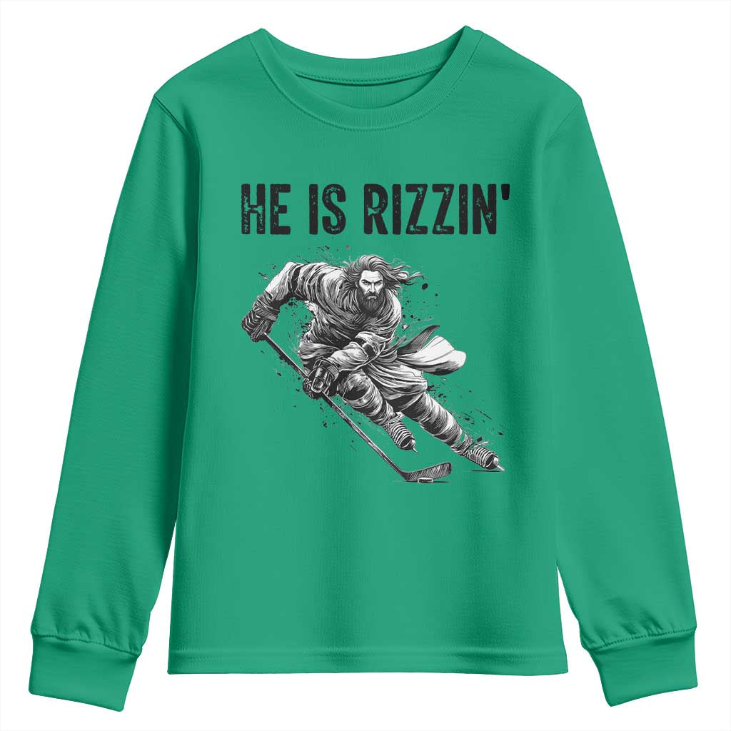 Funny Christian Ice Hockey Lover Gift Youth Sweatshirt He Is Rizzin - Wonder Print Shop