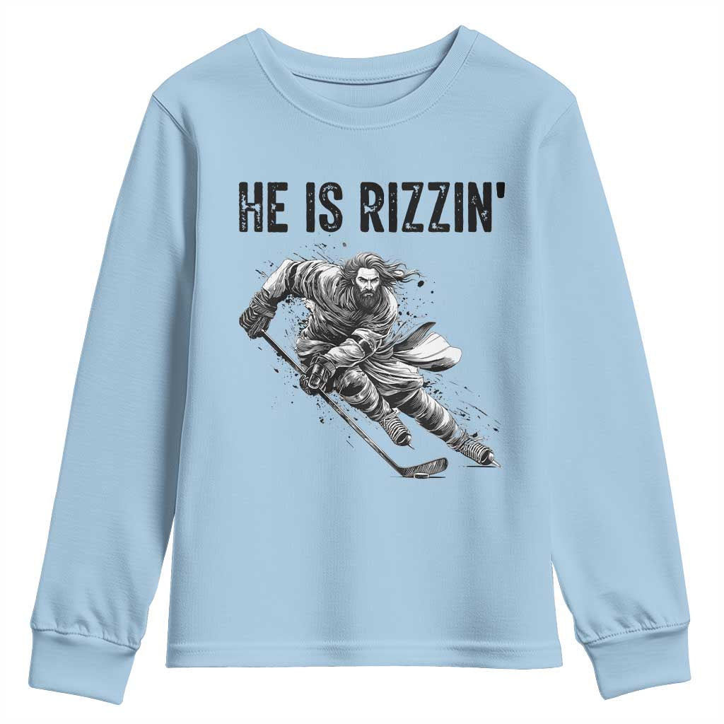 Funny Christian Ice Hockey Lover Gift Youth Sweatshirt He Is Rizzin - Wonder Print Shop