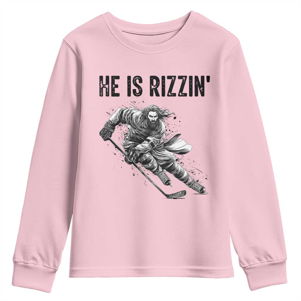 Funny Christian Ice Hockey Lover Gift Youth Sweatshirt He Is Rizzin - Wonder Print Shop